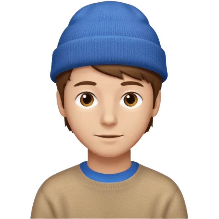 uomo giovane, capelli marroni, pelle chiara, cappello blu e maglione marrone chiaro emoji