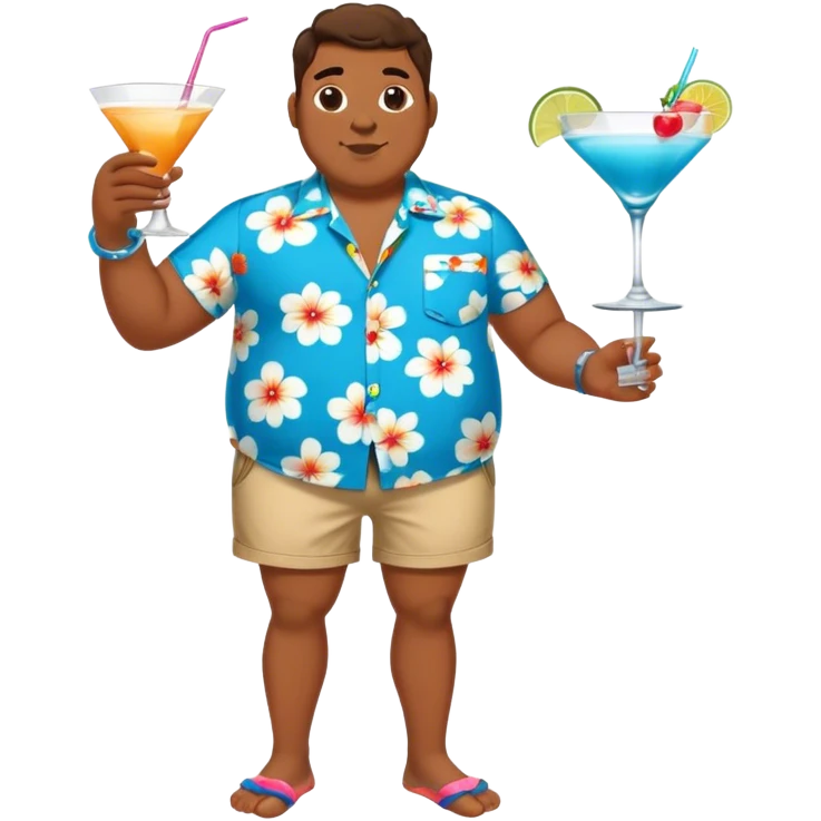 chubby guy full figure in a flowered azure havai shirt, brown shorts and flippers holding a cocktail emoji