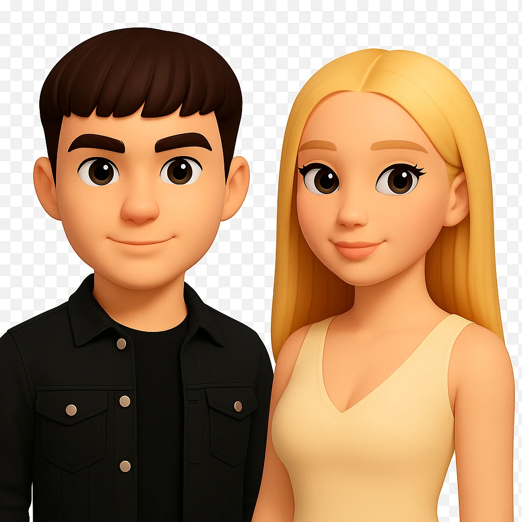 Slightly increase the volume of the upper body of the girl, separate the girl and the boy from each other, make the skin color the same for both. Maintain the cartoonish 3D style. Keep the background transparent. emoji