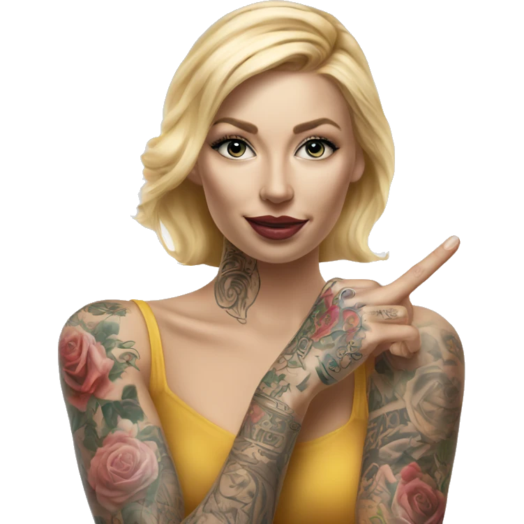 Blonde elegant women, her Body Covered with Tattoos, POINTING YOU FORWARD with her HAND with INDEX FINGER, Hyper realistic emoji