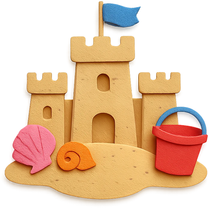 sand castle with seashells and a small bucket, bright colors, paper-craft style emoji