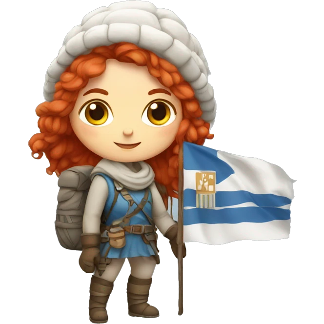 Greek Female winter mountaineer red hair white skin climbing with Greek Flag and Easter eggs basket emoji