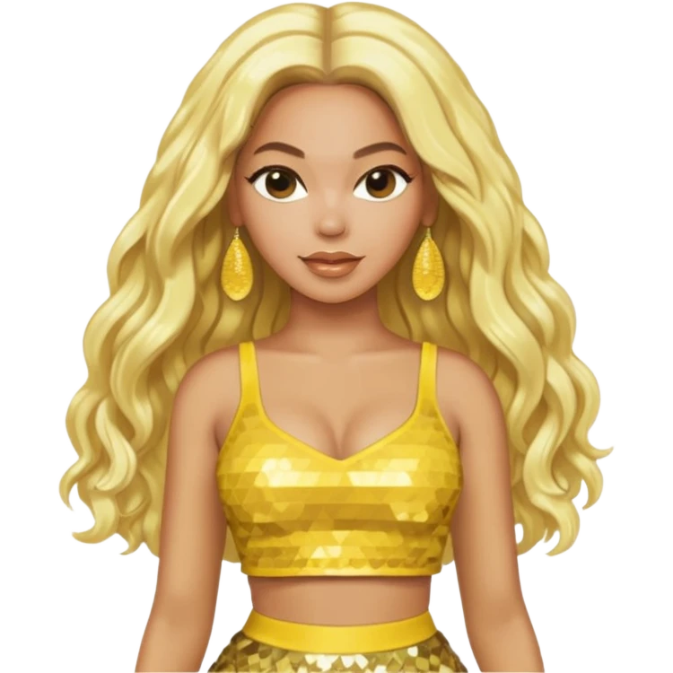 Beyonce with long platinum blonde hair, yellow sequin crop top yellow sequin skirt, gold earring emoji