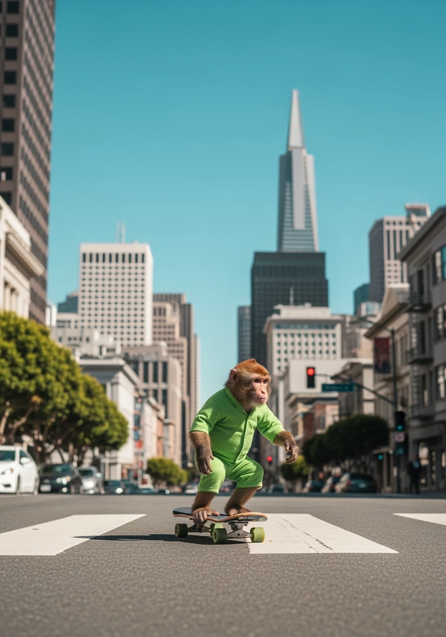 Cinematic still scane, Low angle medium shot, monkey dress in green outfit, monkey ride on skateboard, san francisno downtown with city lanscape, blue clean sky, captured by ARRI Alexa XT, soft cinematic lightning emoji