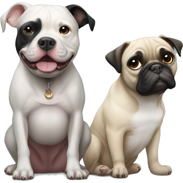 One eyed black and white pitbull sitting with pug emoji