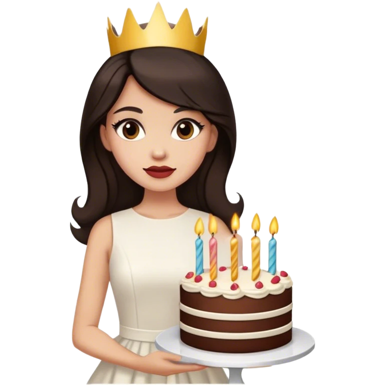 Beautiful woman in 1965’s woman fashion look, white dress, long dark brown hair, birthday cake emoji