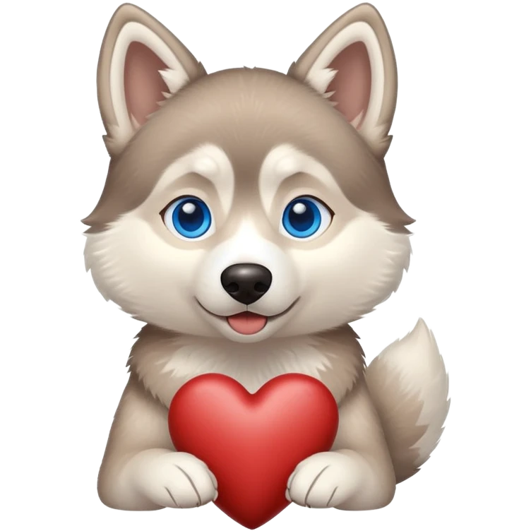 Beige husky with blue eyes holding a brown heart emoji