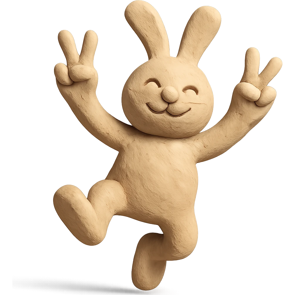 beige bunny jumping and making peace signs, matte plasticine claymation style with visible fingerprints emoji