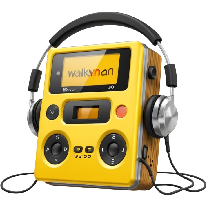 3D render of Walkman, vintage 1980s audio equipment aesthetic, tactile analog buttons, bright sports yellow plastic case with black foam headphones, mixed wood grain and brushed aluminum textures, Apple emoji style, isolated on white background --v 6.0 emoji
