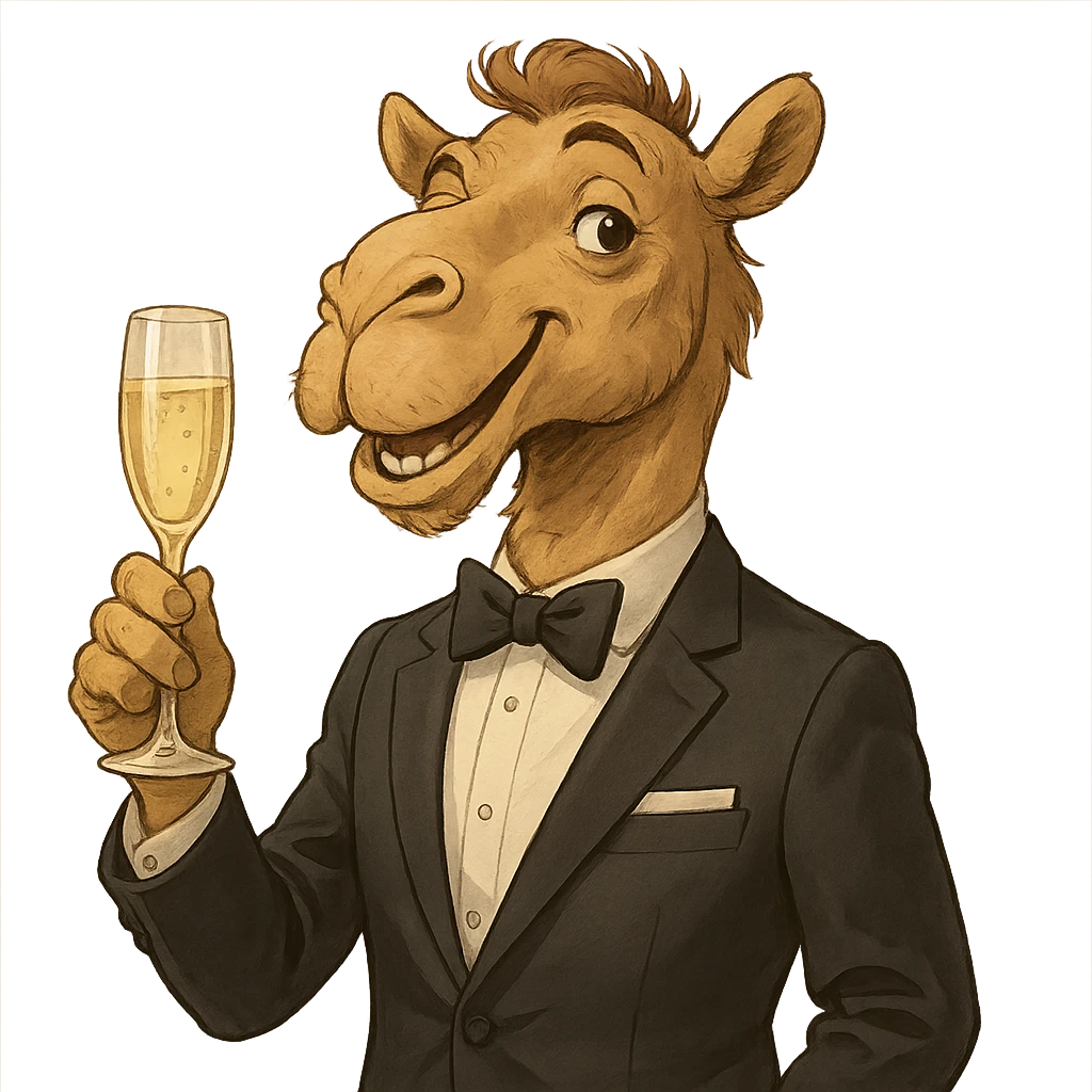 a camel dressed in a suit, sipping champagne, elegant and playful, formal attire, cheerful expression emoji