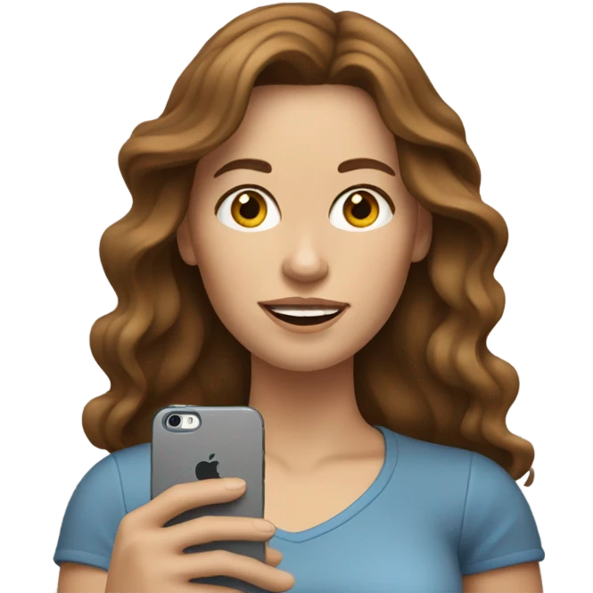 white woman with brown long wavy hair with iphone emoji