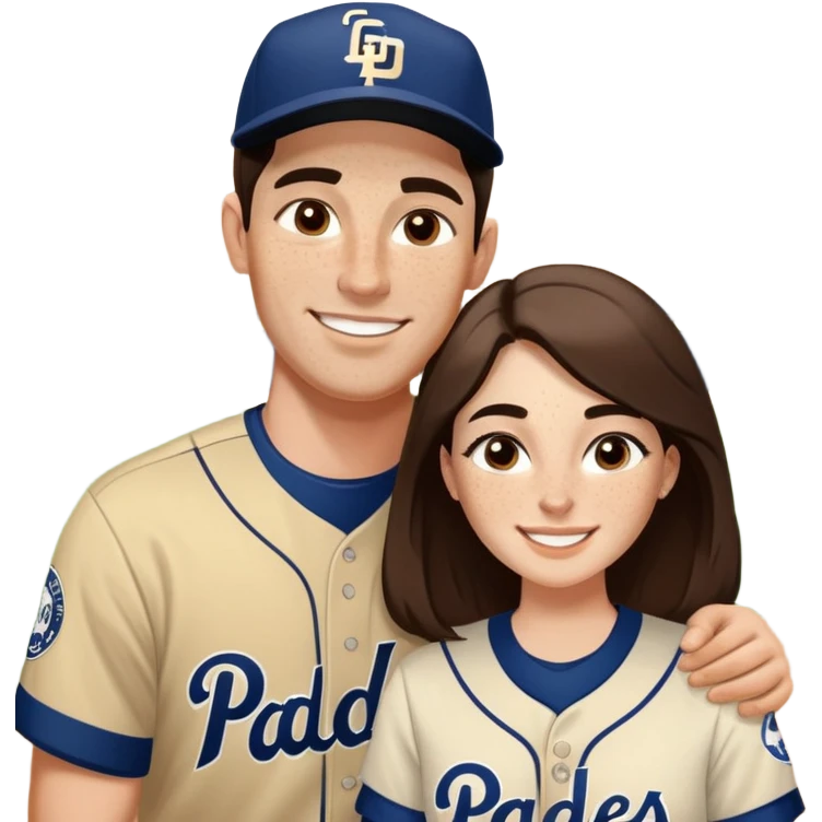 White Smiling couple. Woman has big cheeks and a lot of freckles on the nose. long brown hair. Man has black and very short hair and prominent eyebrows with egipcian nose. Both are wearing “Los Padres” baseball jerseys and with a sign that says “Go Padres!” emoji