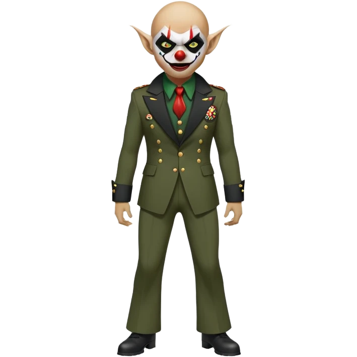 evil clown, bald, small black satan horns on forehead, fangs, pointed ears, eye patch over one eye, black and military green leisure suit with bellbottom pants, realistically proportioned, less bulky, full body, battle-ready fighting posture emoji