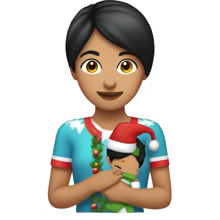 Hispanic female with short black straight hair holding little boys hand at Christmas parade  emoji