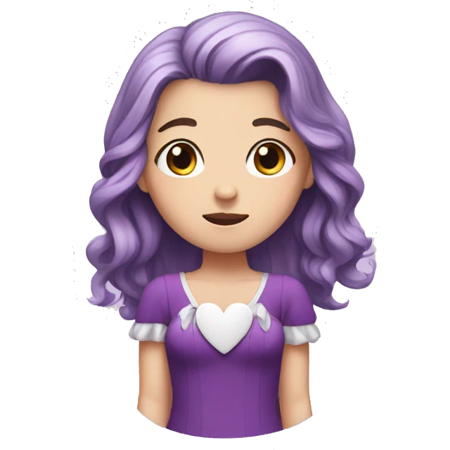 white girl with split black and pink hair, crying, purple dress with white heart on the center. emoji