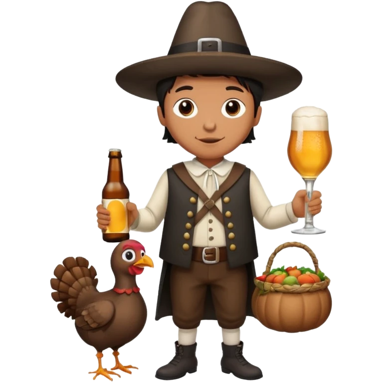 Mexican mandressesd as  pilgram Thanksgiving holding a Turkey drumstick and a bottle beer emoji