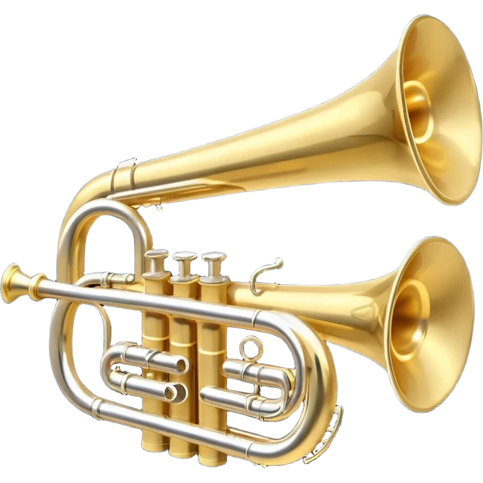 “Flat vector icon of a golden side-view trumpet with three valves, thick outline, on a deep navy blue rounded-square (or circle); 2–3 white or light-blue notes come out of the bell, surrounded by a soft light-yellow glow and a tiny golden star, plus a small speech bubble with the word ‘¡Azúcar!’.  emoji