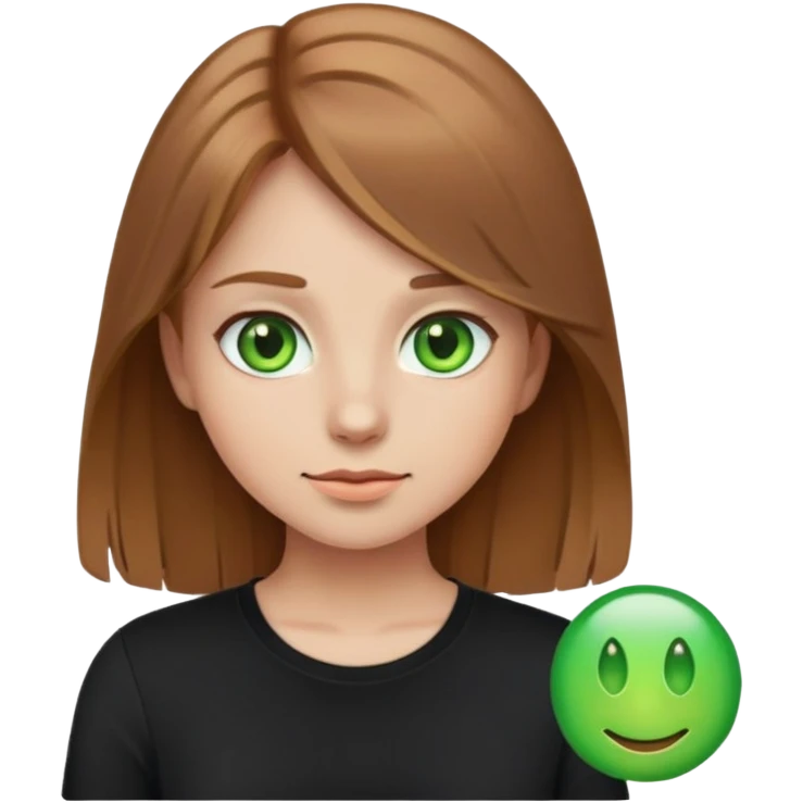 Girl emoji with a light brown, long hair and green eyes and a black shirt emoji