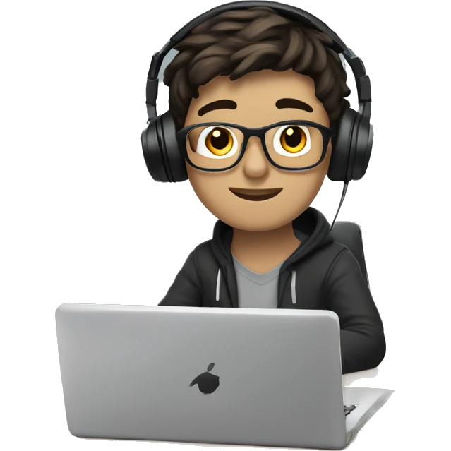 white boy with dark hair and glasses wearing gaming headset and sitting at desk on desktop computer   emoji