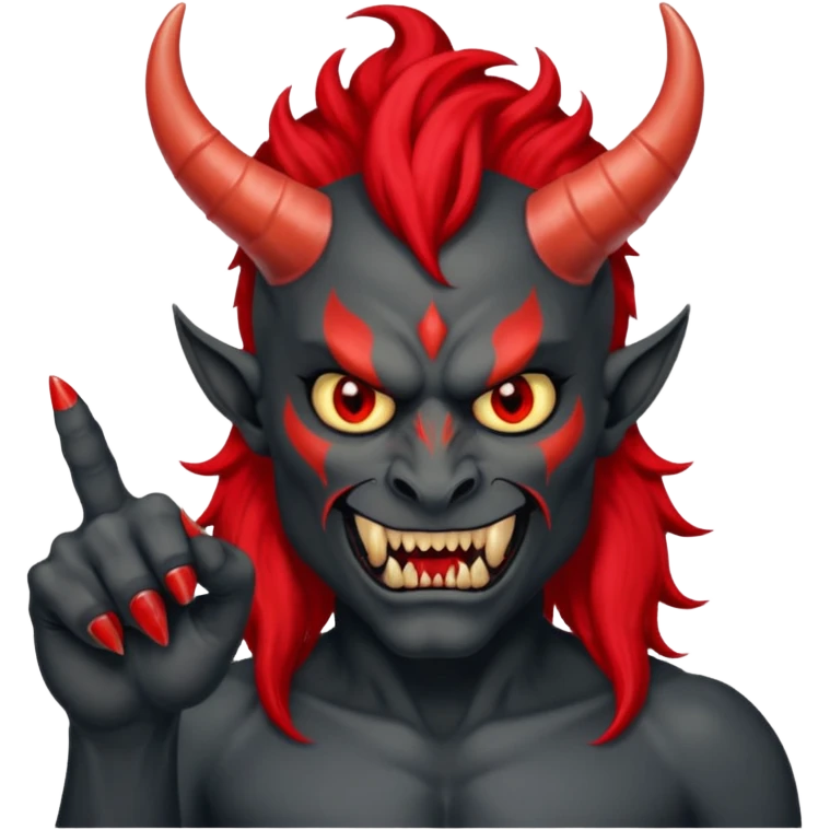 демон с чёрной как уголь кожей, красными клыками, двумя красными рогами торчащими у него изо лба, красной гривой и глазами показывает пальцем в нас emoji