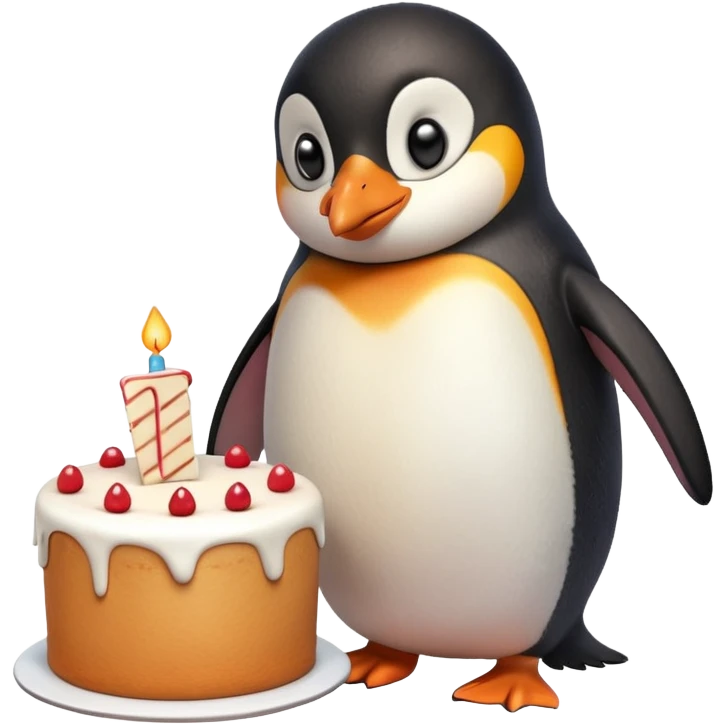 A penguin standing near a cake, feeling shy from a surprise celebration, portrait, bust up emoji