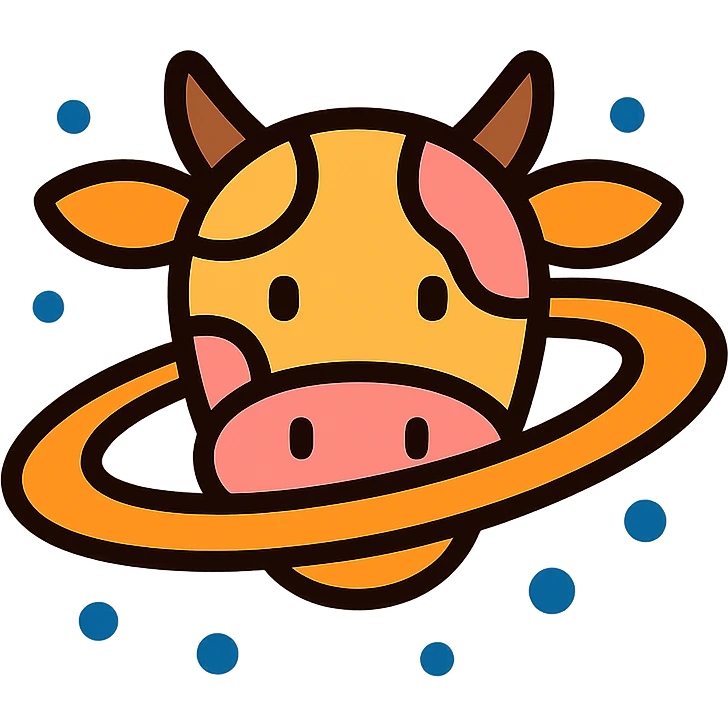 cartoon cow with Saturn's rings, icon style, color outline, playful and simple emoji