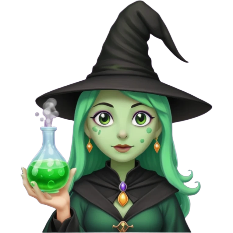 Witch with Green Skin – long-nosed witch in black hat holding potion emoji
