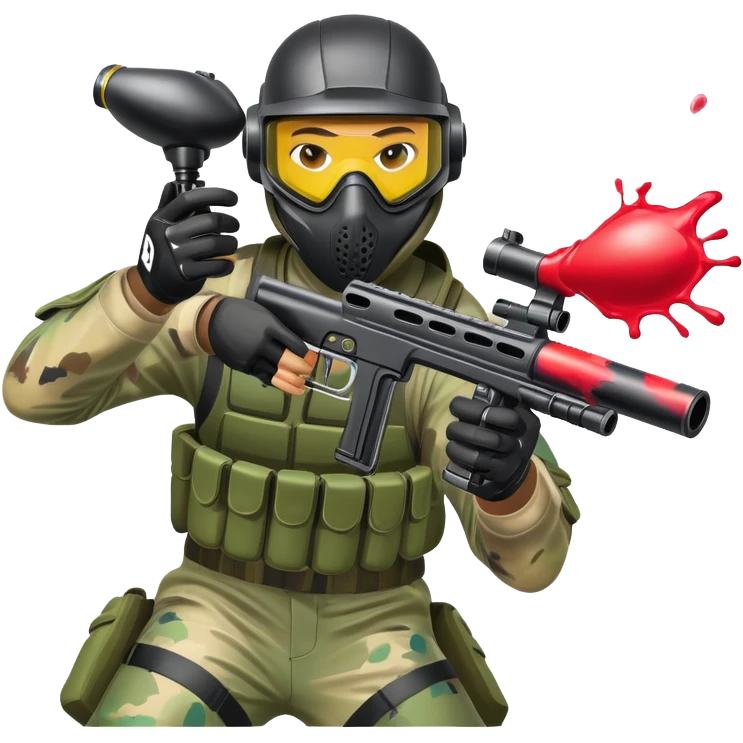 A paintball player in full gear, aiming a paintball gun with focus and determination. The scene includes vibrant splashes of paint and a dynamic battlefield setting, emphasizing action, strategy, and teamwork in a competitive environment emoji