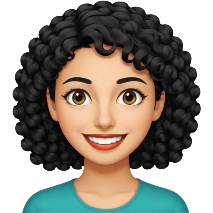 30 year old iranian woman very short curly black hair, big brown eyes, tanned skin, big smile, white teeth, pretty, stylish, shorter hair emoji