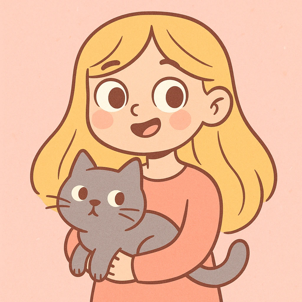 girl with long blond hair, brown eyes, and a grey cat, soft pastel cartoon style emoji