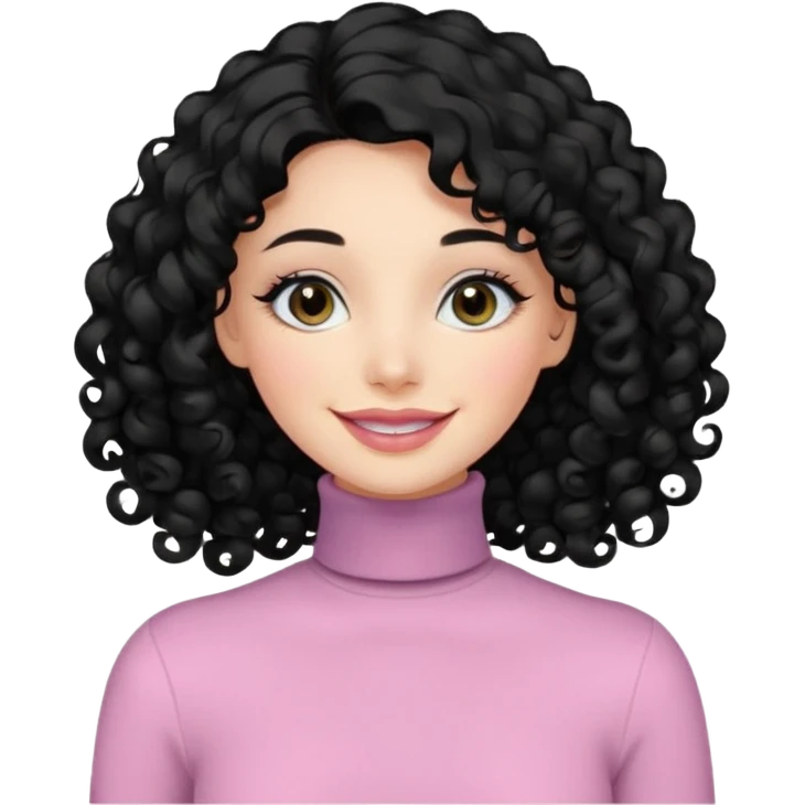 a woman with long sleeve turtle neck top and smile, her hair is long curly and the color is black, her eyes color are black and the color of her lip is soft pink emoji
