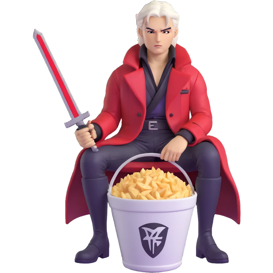 Dante from Devil May Cry sitting in a KFC bucket, red coat, white hair, rebellion sword emoji
