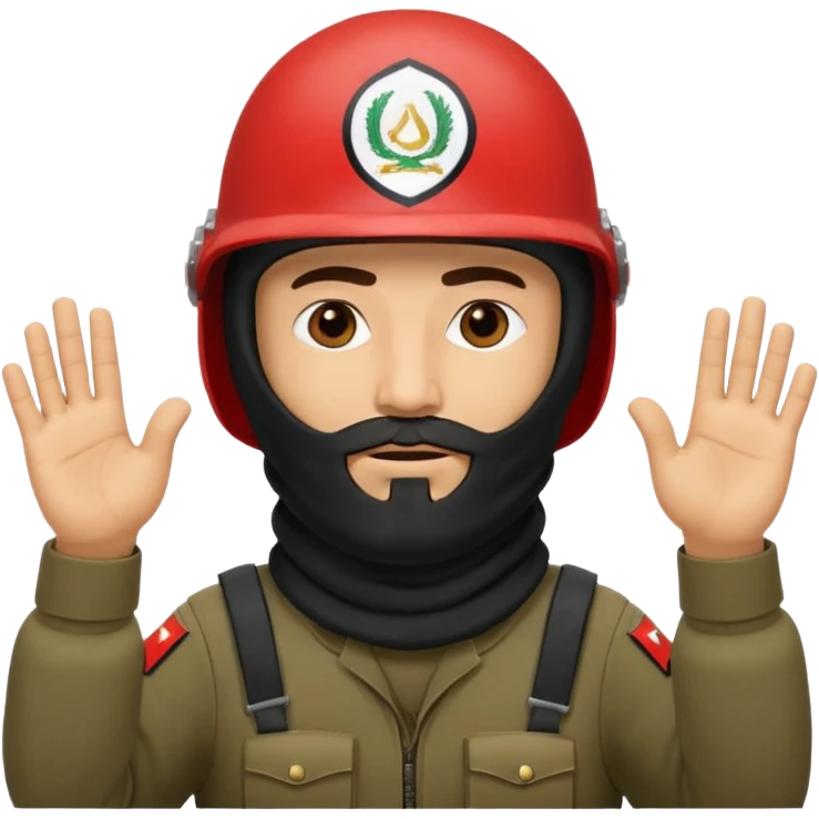 surrenders, depicts an Iraqi soldier from 1980, with a beard, in a helmet, with a balaclava, with a sad face and raised hands emoji