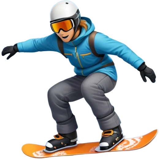 An icon showing a snowboarder performing an exciting jump on a snow-covered slope. The background features towering mountains, snow-covered trees, and a bright, clear sky. Transparent background highlights the speed, agility, and thrill of snowboarding. emoji