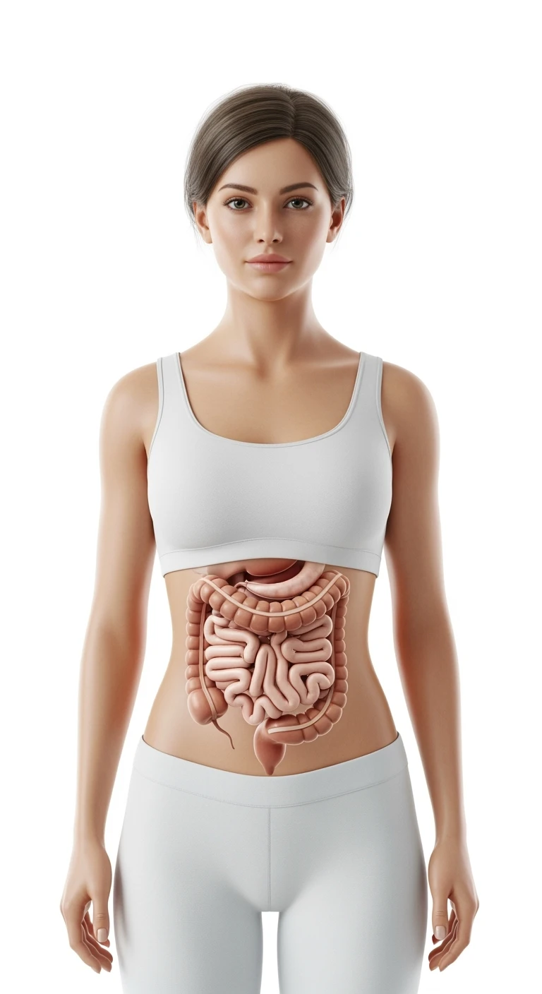 DONNA serena CON INTESTINO UMANO ANATOMICO VISIBILE, ISOLATO SU SFONDO BIANCO emoji