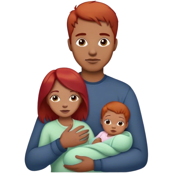 Mom with red hair holding 6 month old daughter with light brown hair and dad standing next to them with dark brown hair and emoji
