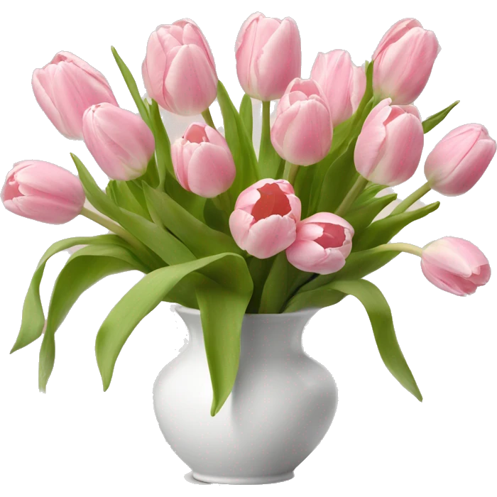 Light pink tulips in white vase in bow  emoji