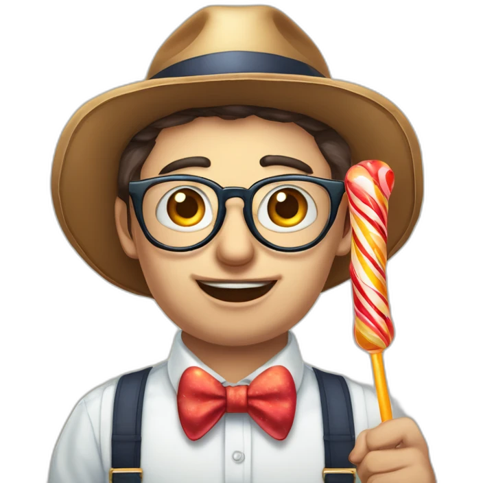 ugly big round frame glasses buckteeth week chin bowtie striped shirt suspenders holding a big lolipop with bad posture and a propeller hat portfolio manager emoji