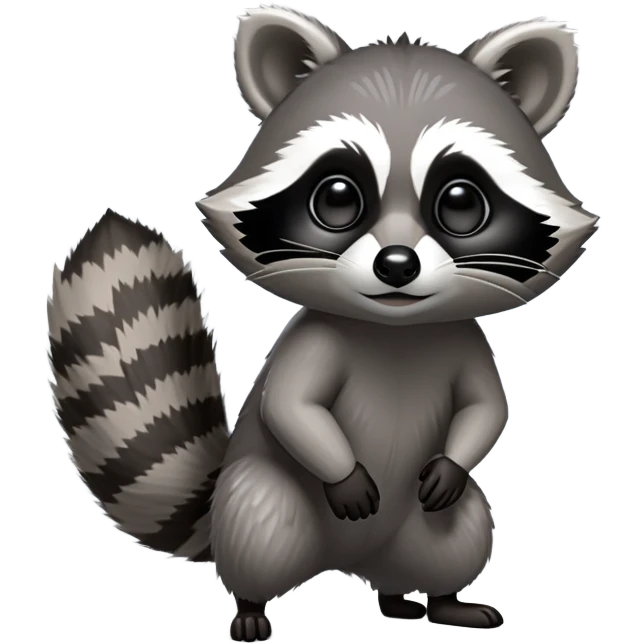 Cinematic-cute Raccoon-Realistic-hunched Full-Body on all fours-Emoji – Tail flicking lazily, head tilted dramatically, thick grey fur with a signature black mask, sharp and alert ears, simplified yet realistic focused features, highly detailed, glowing with an almost sarcastic glow. big black eyes emoji