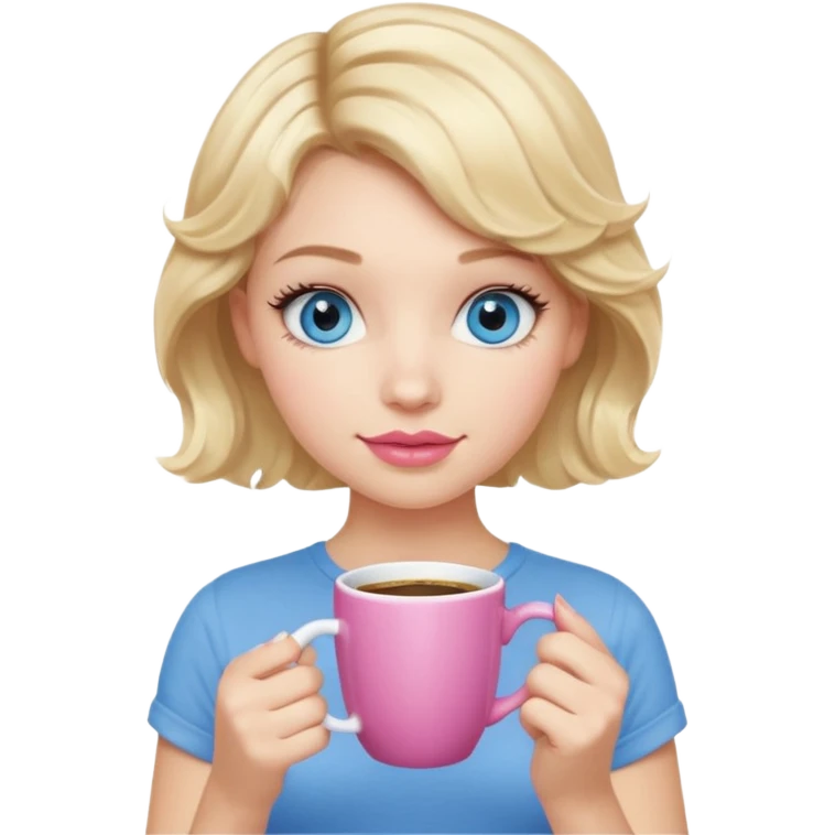 Girl Blonde short wavy hair,  blue eyes, cute blue top, long lashes, pink lips, holding coffee mug emoji