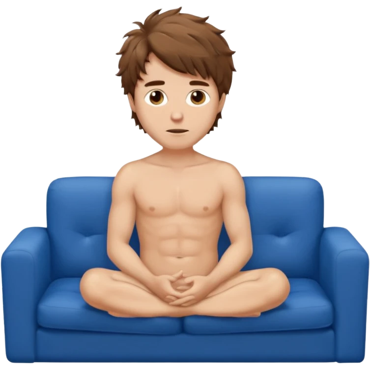 Nude white man with brown messy hair sat on blue sofa. emoji
