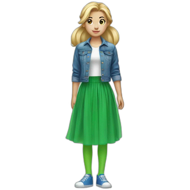 Blonde girl with bang and pony tail, in blue denim jacket, white T-shirt, green tights and elongated blue chiffon skirt emoji