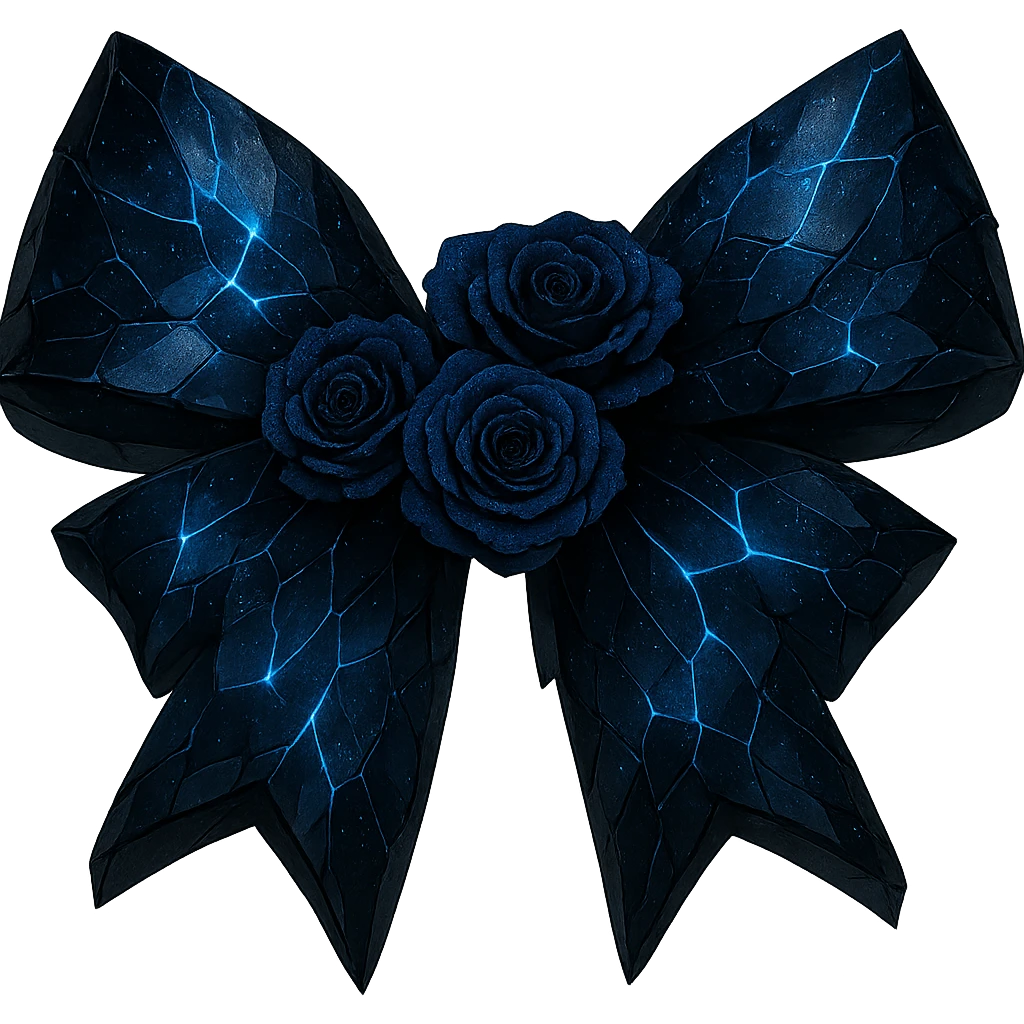Remove the silver crescent moon from the gothic bow with splintered deep blue glass, midnight blue roses, holographic stardust, neon lightning, and a wet look. Keep the background transparent. emoji