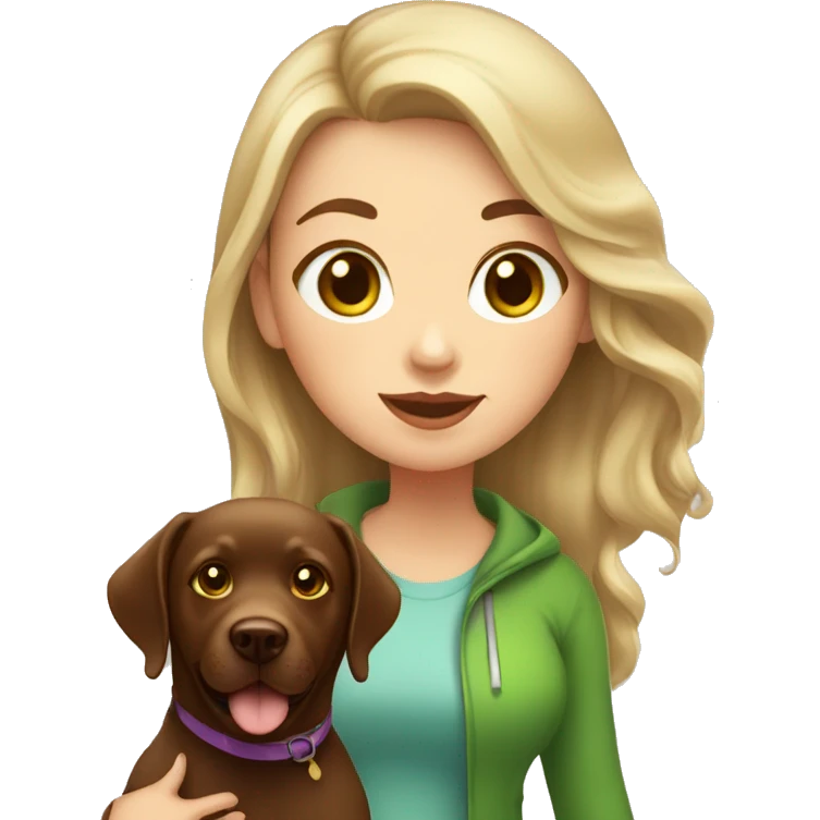 chubby girl with blond highlights in hair and green eyes walking a chocolate labrador emoji