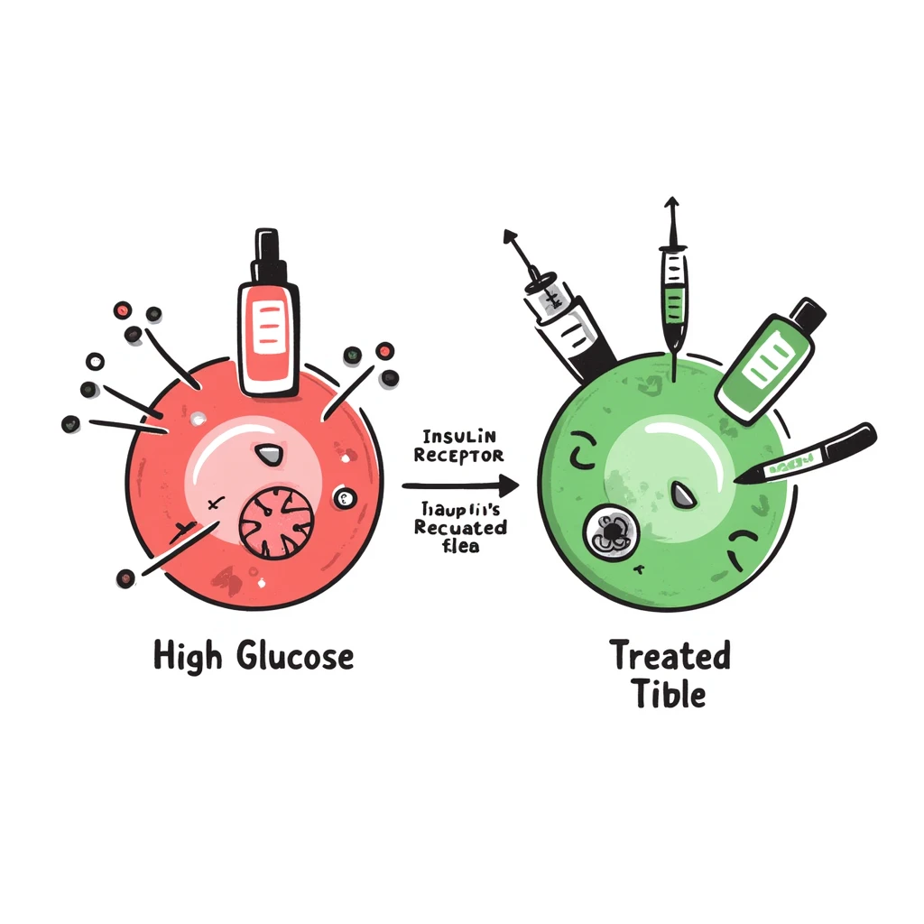 Anti-diabetic treatment visualization: hand-drawn diagram comparing high glucose state (red side) versus treated state (green side) with medication symbols, insulin receptors, and cellular glucose uptake. Colorful educational illustration with before/after comparison and labeled components. emoji