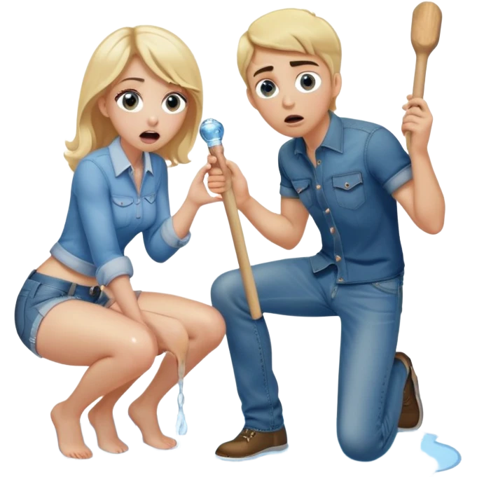 blond woman sitting on her knees with wide eyes, another man in jeans is staying (not sitting) on her left, she's holding a wide skin-colored stick with a D-shaped knob, the stick and the nob have skin texture, water squirting from the knob into her mouth, shocked face emoji