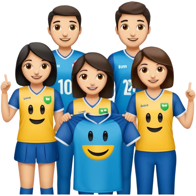 Make 5 decent characters include 4 girls and 1 boy and mentioned there names on there jersey ist husna, tuba, maleeha,alishba and boy Talha also smiley.creat a sign board and a besties off UOM and the  sign board takes by boy in his hand emoji