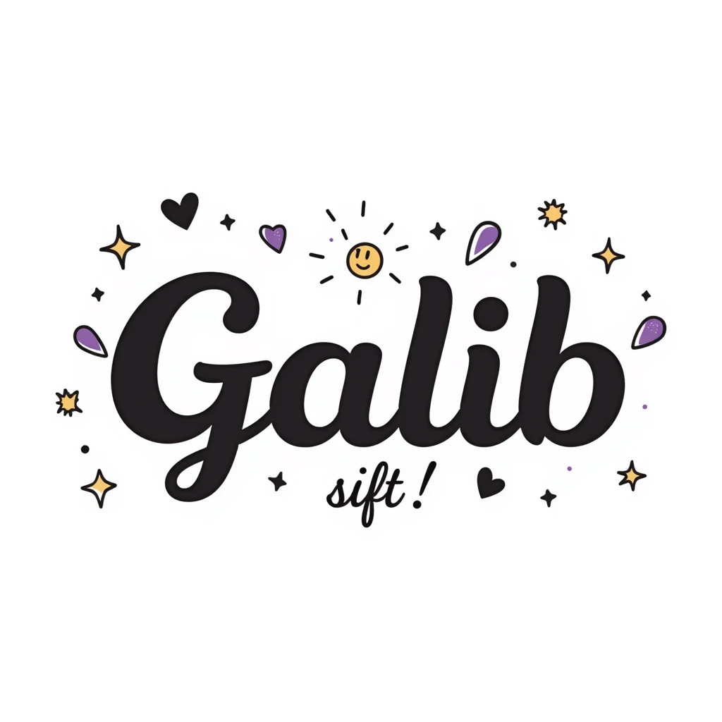 Galib in elegant cursive and bold mix, dreamy purple blue gold gradient, surrounded by sparkles, hearts, stars, and aesthetic emojis, romantic luxurious whimsical nameplate emoji