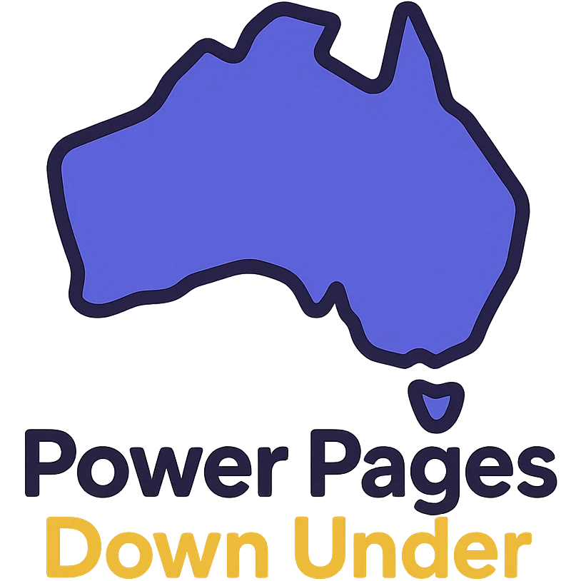 clean modern icon of the map of Australia with no thick border, text 'Power Pages Down Under' below, designed for use on a purple background, main colors #403DAD and vibrant purple, accent #fff7ad, no Power Pages icon, no digital web overlay emoji