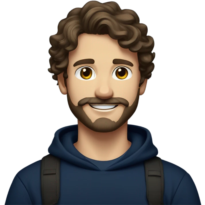 White boy with dark brown medium length wavy hair and a beard and mustache and the prettiest hazel eyes in a navy sweatshirt smiling arms crossed emoji
